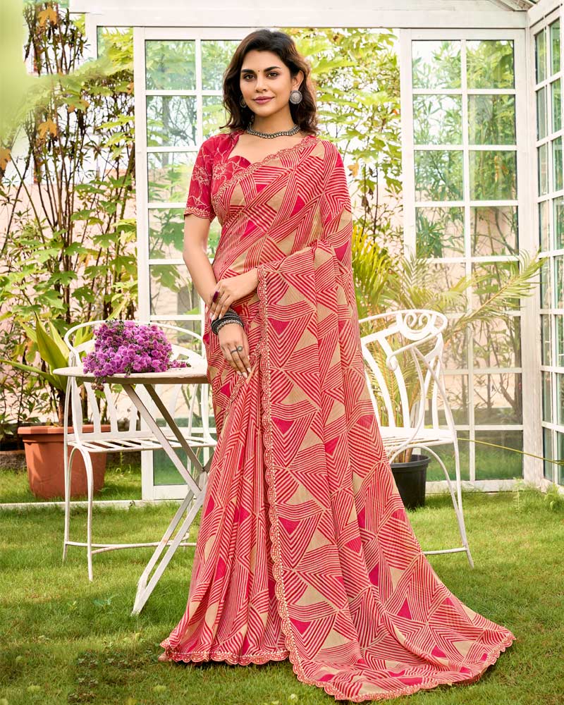 Vishal Prints Pinkish Tan Printed Chiffon Saree With Fancy Cut Work Border