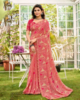 Vishal Prints Pinkish Tan Printed Chiffon Saree With Fancy Cut Work Border