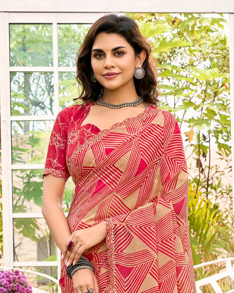 Vishal Prints Pinkish Tan Printed Chiffon Saree With Fancy Cut Work Border