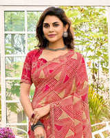 Vishal Prints Pinkish Tan Printed Chiffon Saree With Fancy Cut Work Border