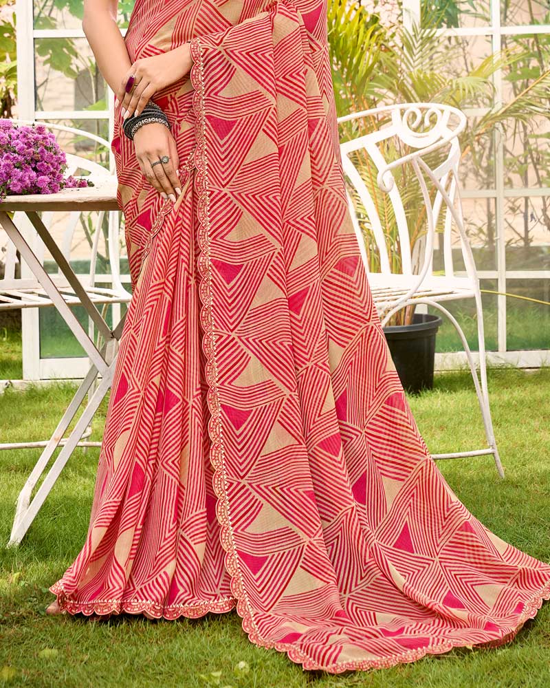 Vishal Prints Pinkish Tan Printed Chiffon Saree With Fancy Cut Work Border