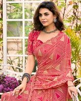 Vishal Prints Pinkish Tan Printed Chiffon Saree With Fancy Cut Work Border