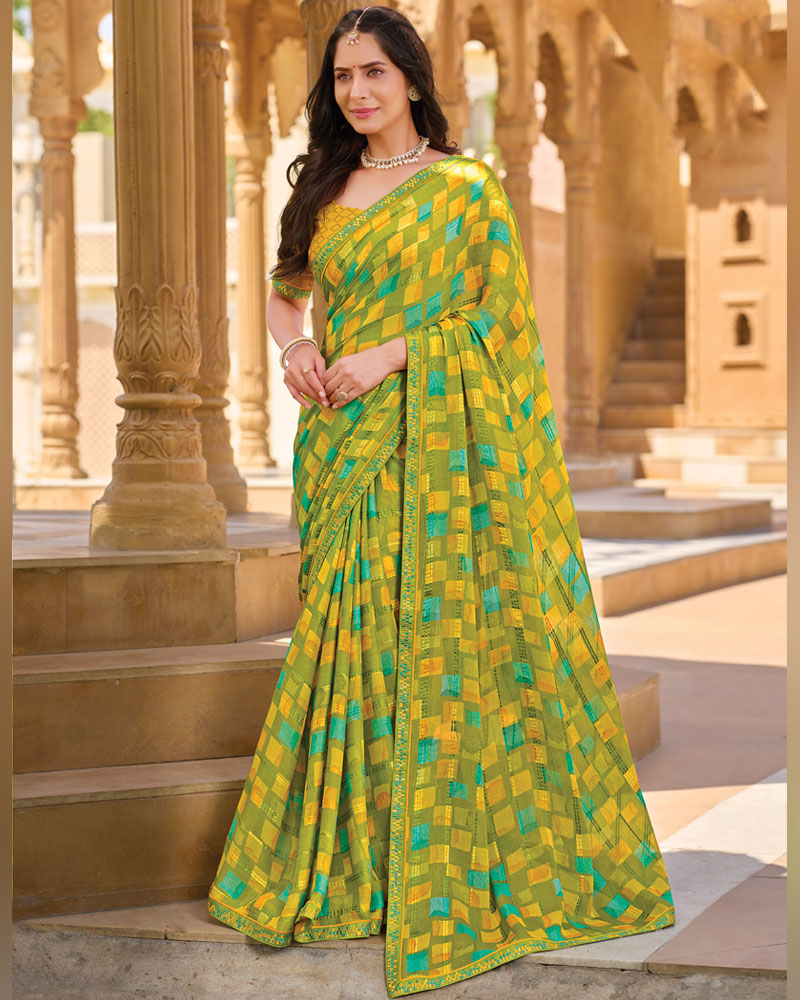 Vishal Prints Olive Yellow-Green Printed Patterned Brasso Saree With Fancy Embroidery Border