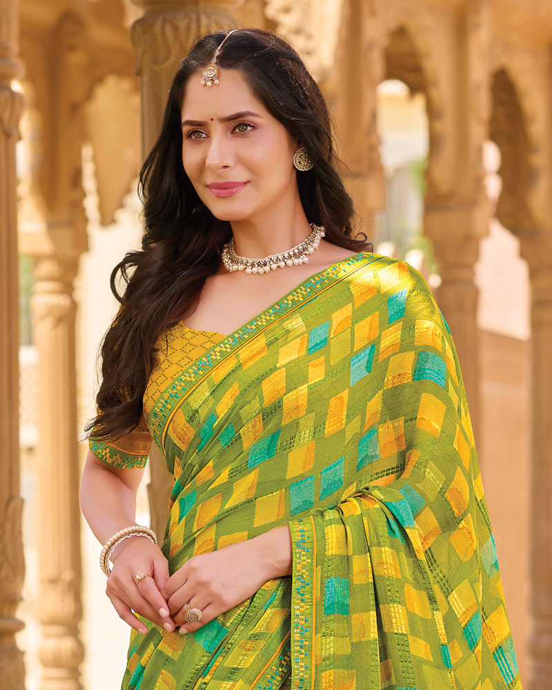 Vishal Prints Olive Yellow-Green Printed Patterned Brasso Saree With Fancy Embroidery Border