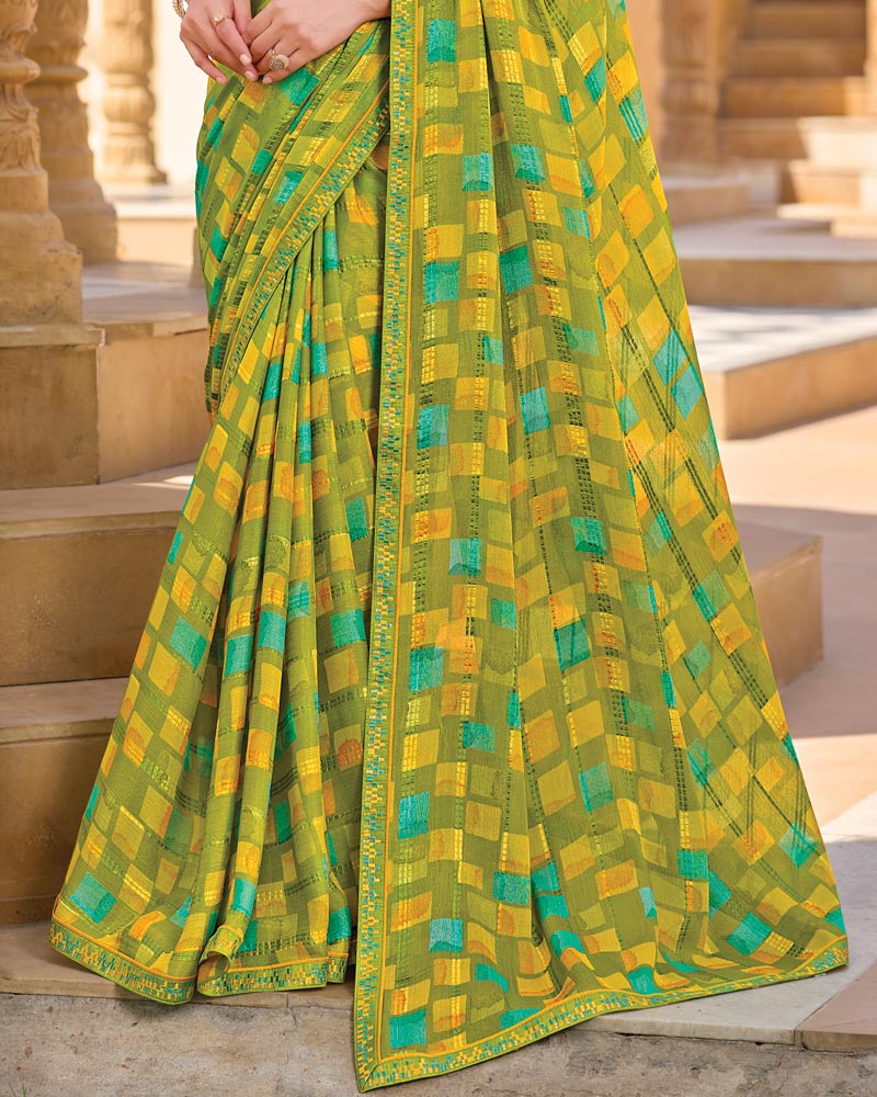 Vishal Prints Olive Yellow-Green Printed Patterned Brasso Saree With Fancy Embroidery Border