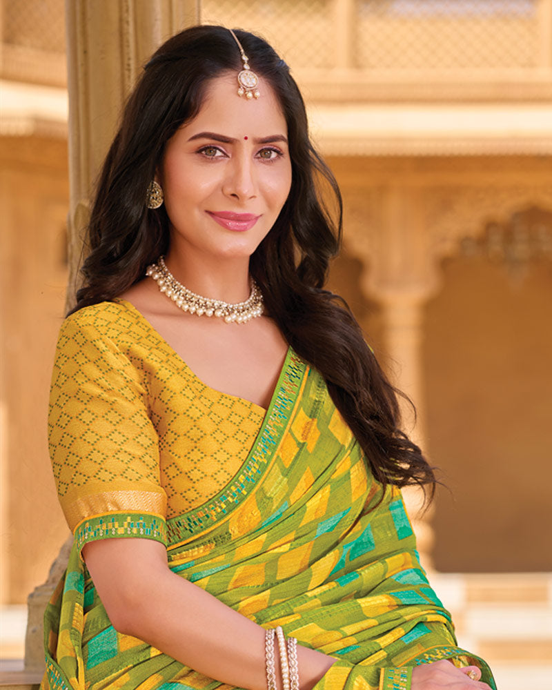 Vishal Prints Olive Yellow-Green Printed Patterned Brasso Saree With Fancy Embroidery Border