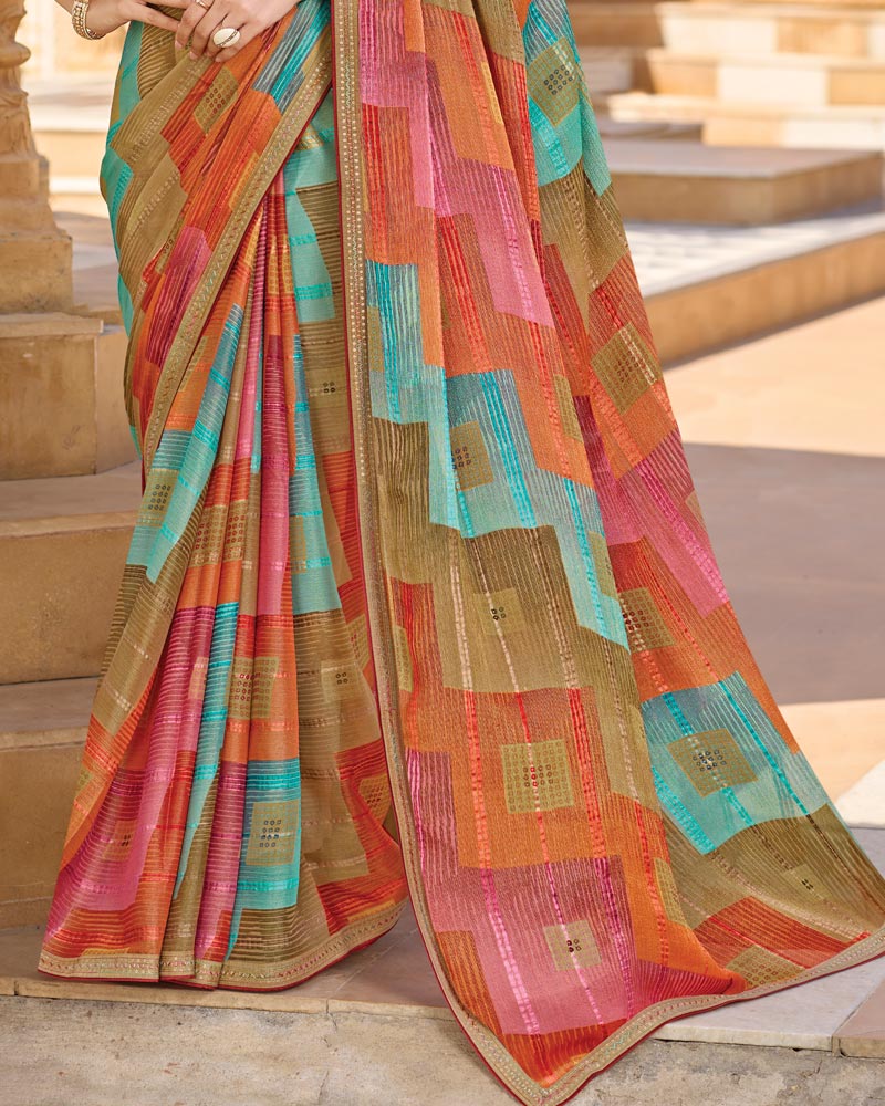 Vishal Prints Multicolor Printed Patterned Brasso Saree With Fancy Embroidery Border