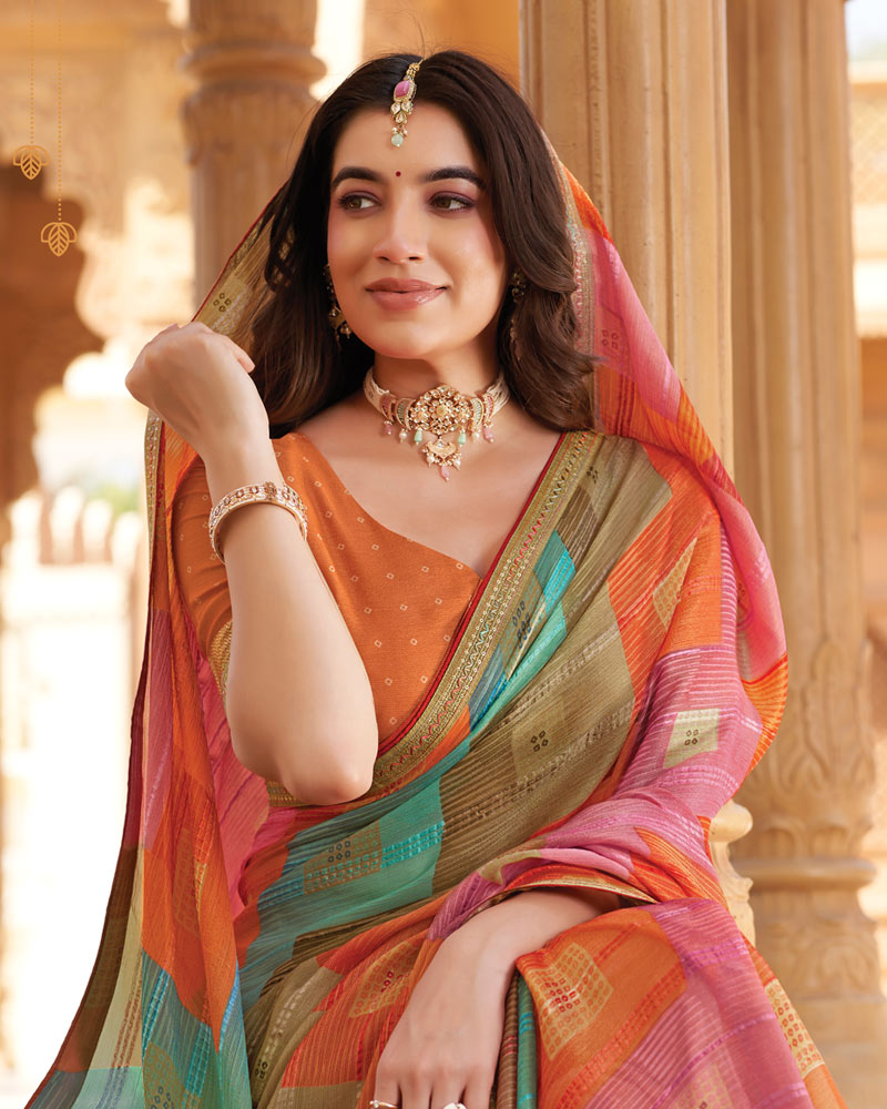 Vishal Prints Multicolor Printed Patterned Brasso Saree With Fancy Embroidery Border