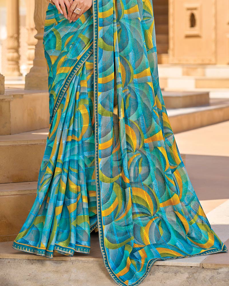 Vishal Prints Multi Blue Printed Patterned Brasso Saree With Fancy Embroidery Border