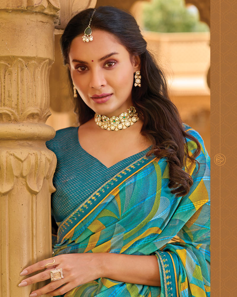 Vishal Prints Multi Blue Printed Patterned Brasso Saree With Fancy Embroidery Border