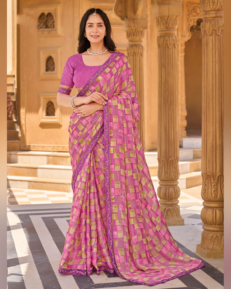 Vishal Prints Purplish Pink Printed Patterned Brasso Saree With Fancy Embroidery Border