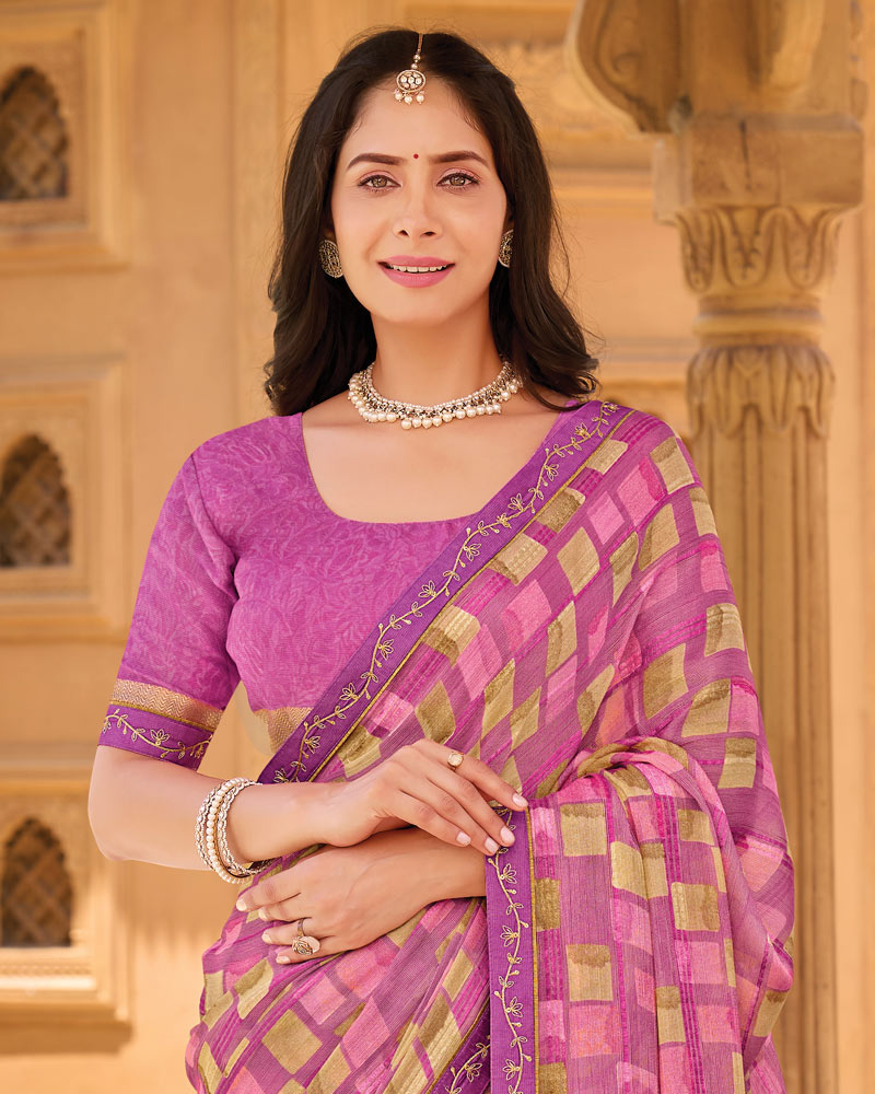 Vishal Prints Purplish Pink Printed Patterned Brasso Saree With Fancy Embroidery Border