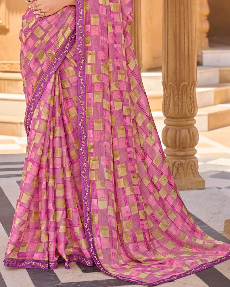 Vishal Prints Purplish Pink Printed Patterned Brasso Saree With Fancy Embroidery Border
