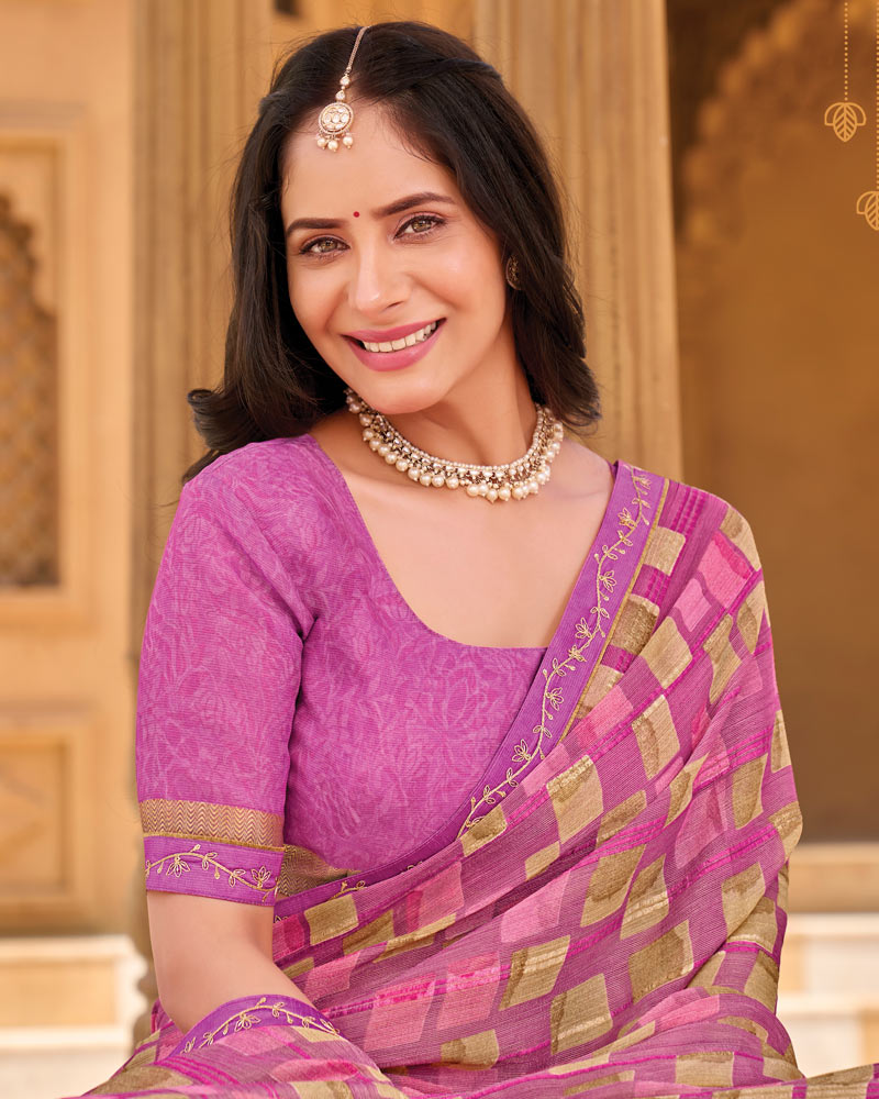 Vishal Prints Purplish Pink Printed Patterned Brasso Saree With Fancy Embroidery Border