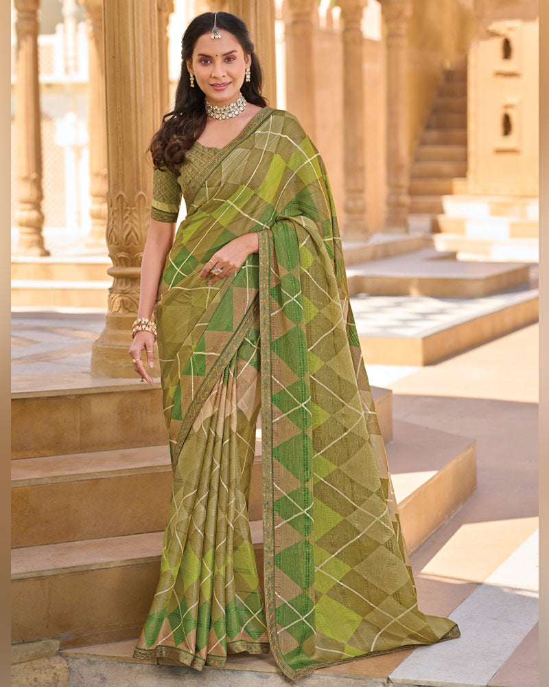 Vishal Prints Greenish Beige Printed Patterned Brasso Saree With Fancy Embroidery Border