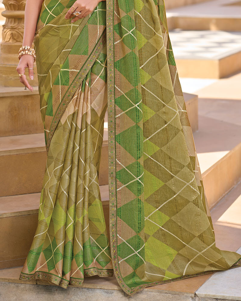 Vishal Prints Greenish Beige Printed Patterned Brasso Saree With Fancy Embroidery Border