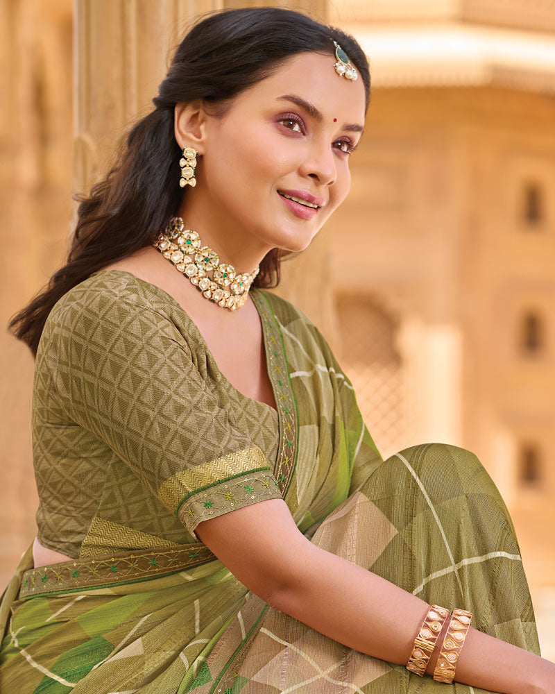 Vishal Prints Greenish Beige Printed Patterned Brasso Saree With Fancy Embroidery Border