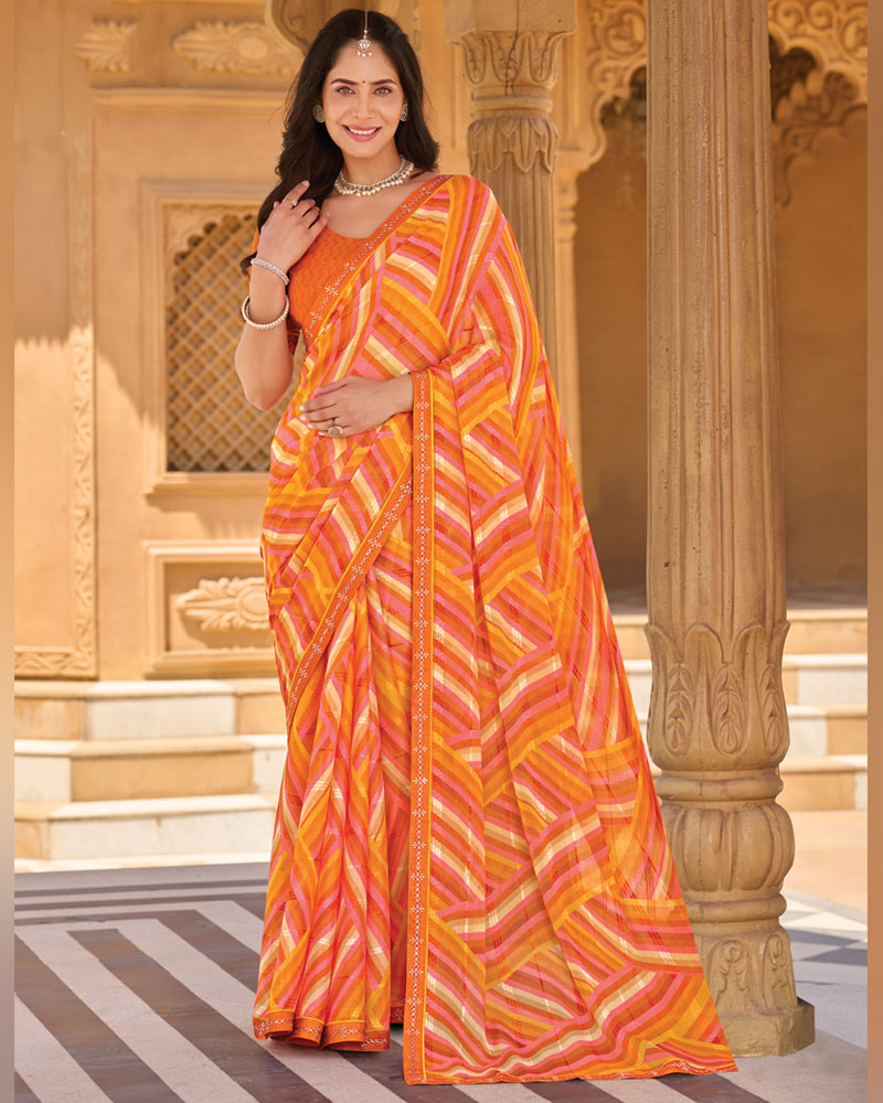 Vishal Prints Flame Orange Printed Patterned Brasso Saree With Fancy Embroidery Border