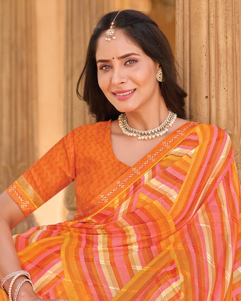 Vishal Prints Flame Orange Printed Patterned Brasso Saree With Fancy Embroidery Border