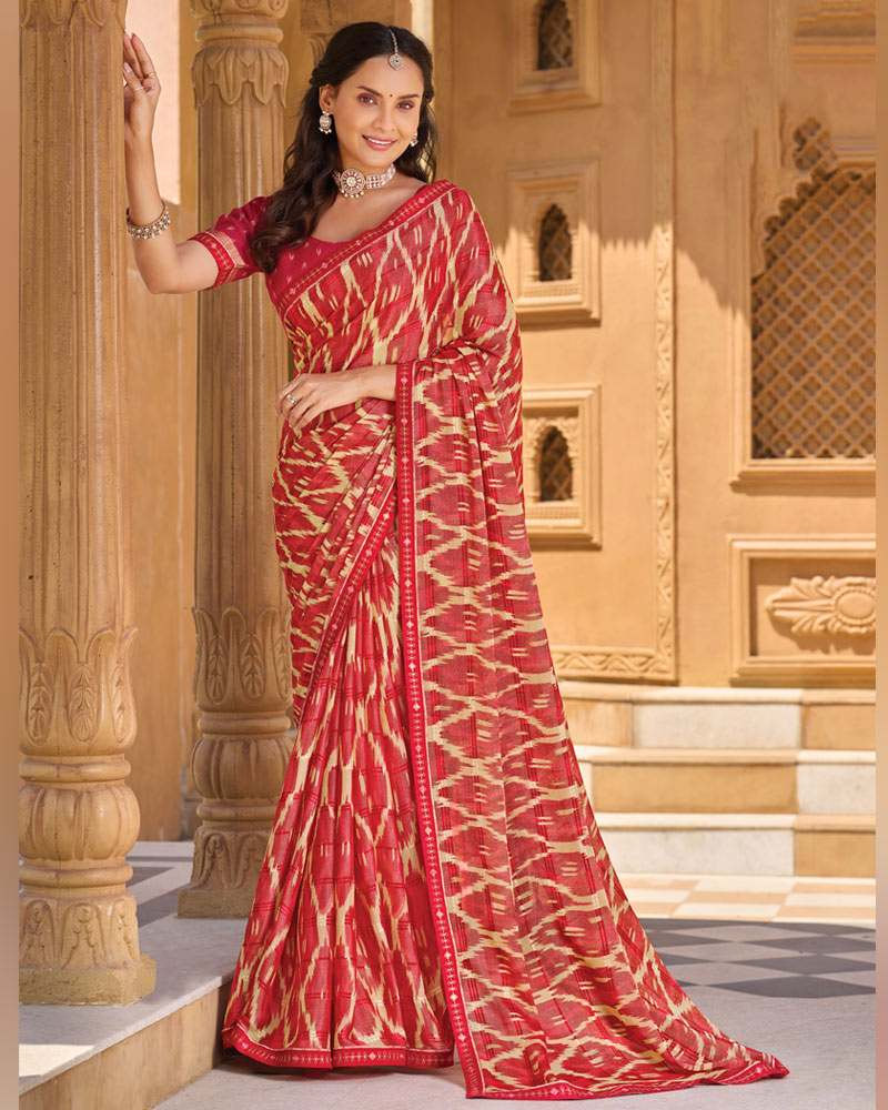 Vishal Prints Dark Pastel Red Printed Patterned Brasso Saree With Fancy Embroidery Border