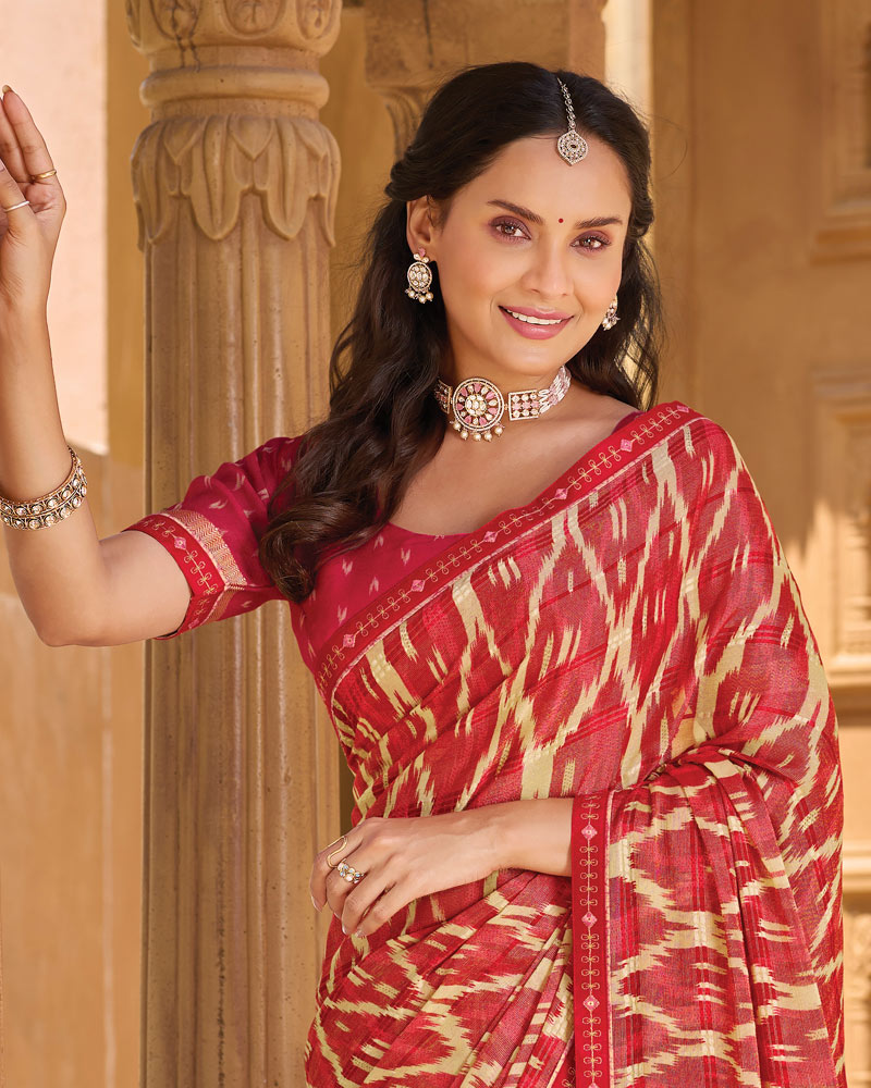 Vishal Prints Dark Pastel Red Printed Patterned Brasso Saree With Fancy Embroidery Border