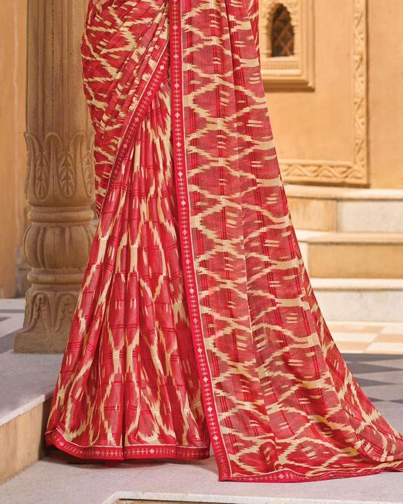 Vishal Prints Dark Pastel Red Printed Patterned Brasso Saree With Fancy Embroidery Border