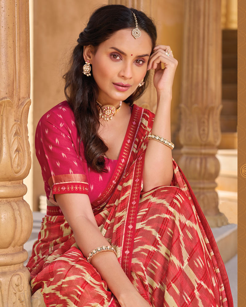 Vishal Prints Dark Pastel Red Printed Patterned Brasso Saree With Fancy Embroidery Border