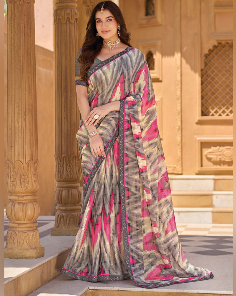 Vishal Prints Grey Pink Printed Patterned Brasso Saree With Fancy Embroidery Border