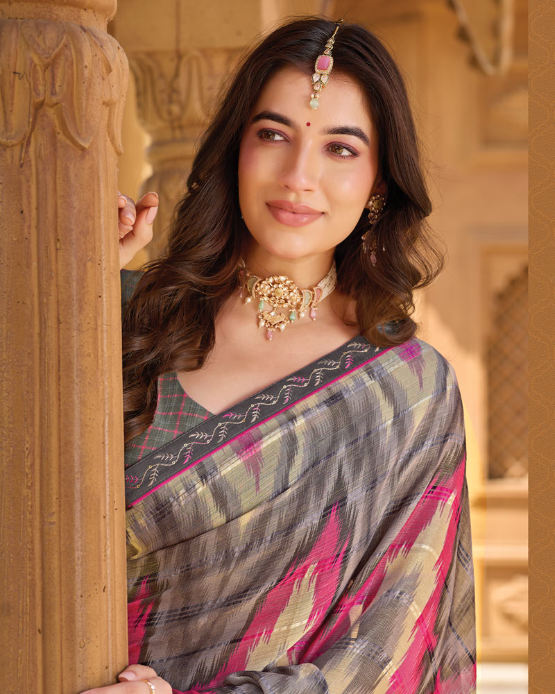 Vishal Prints Grey Pink Printed Patterned Brasso Saree With Fancy Embroidery Border