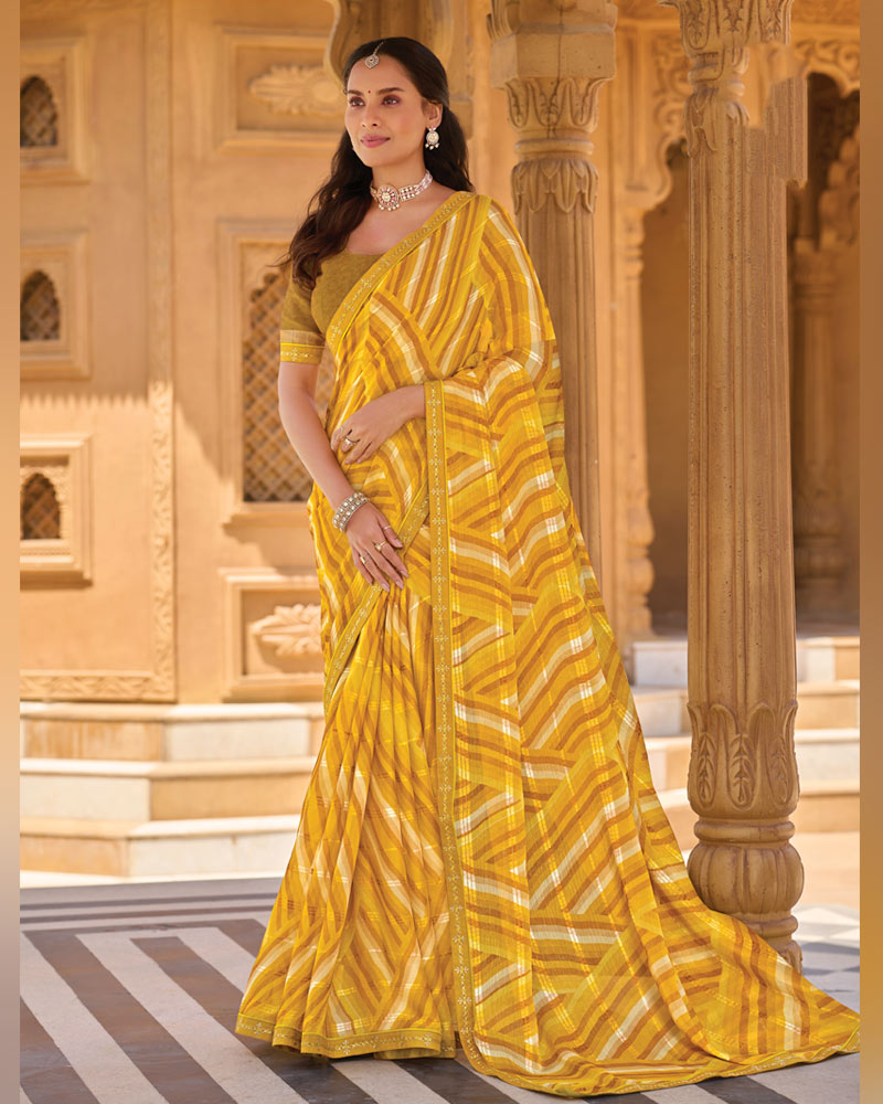 Vishal Prints Yellow Brown Printed Patterned Brasso Saree With Fancy Embroidery Border