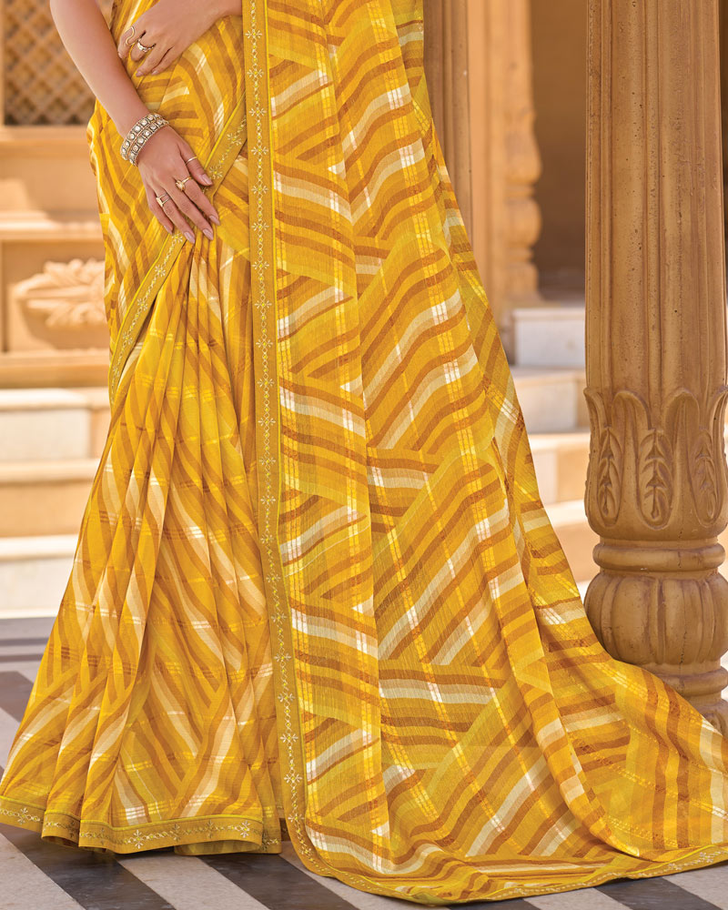 Vishal Prints Yellow Brown Printed Patterned Brasso Saree With Fancy Embroidery Border