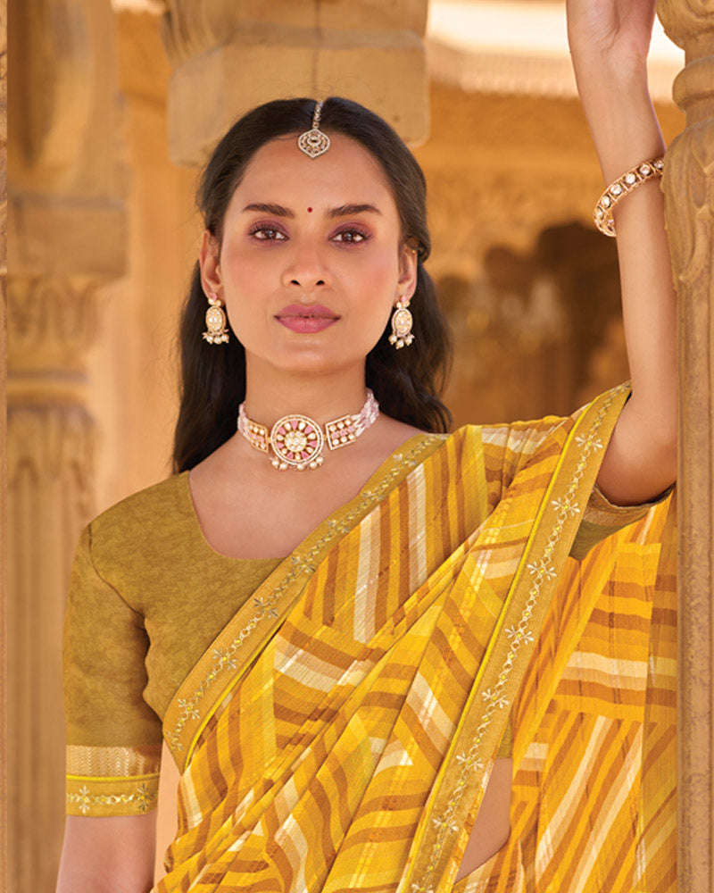 Vishal Prints Yellow Brown Printed Patterned Brasso Saree With Fancy Embroidery Border