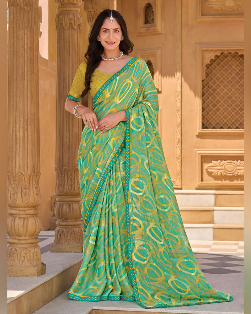 Vishal Prints Light Jade Green Printed Patterned Brasso Saree With Fancy Embroidery Border