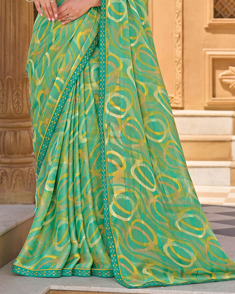 Vishal Prints Light Jade Green Printed Patterned Brasso Saree With Fancy Embroidery Border