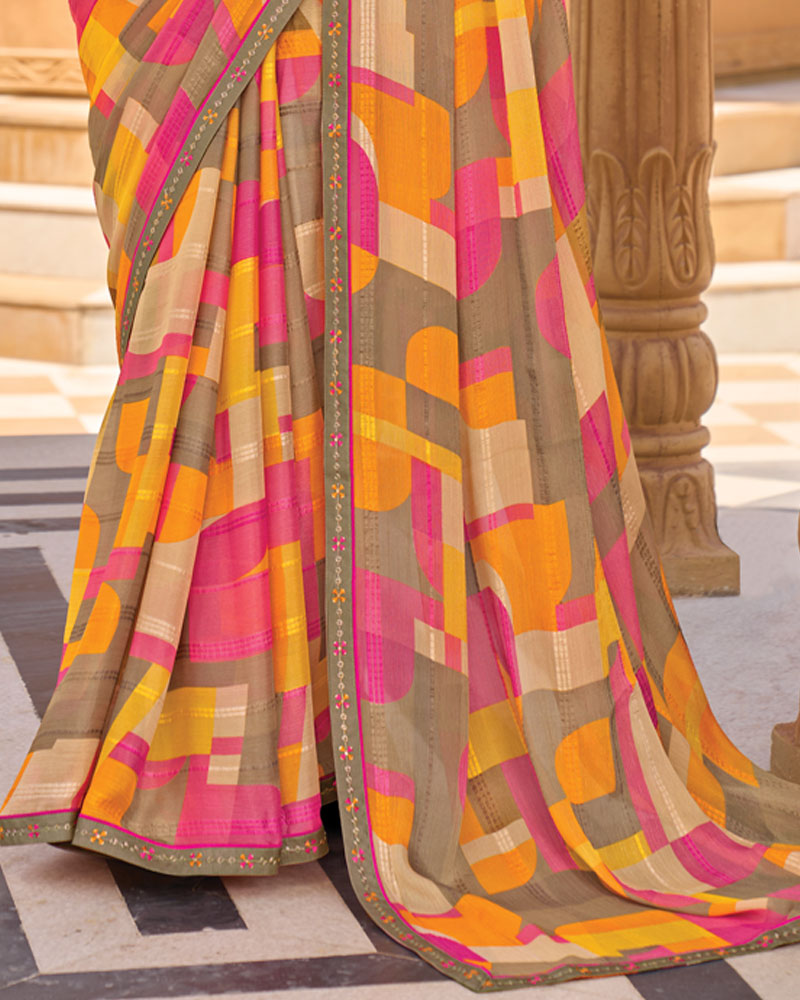 Vishal Prints Pink Brown Printed Patterned Brasso Saree With Fancy Embroidery Border