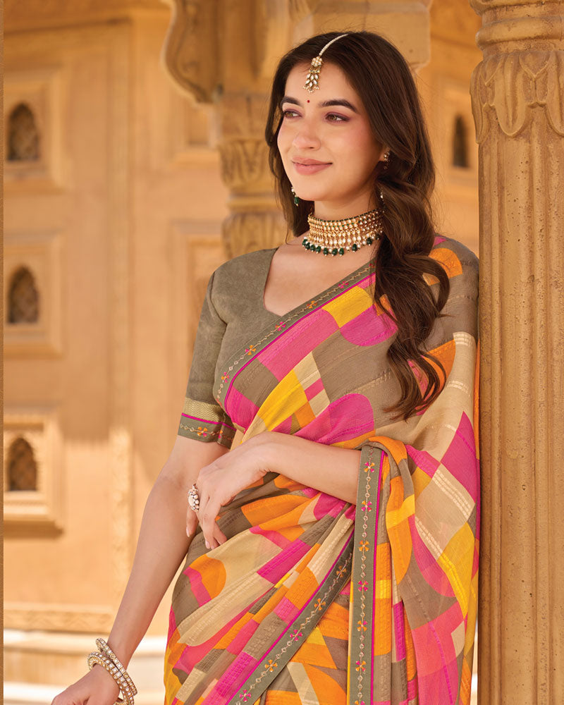 Vishal Prints Pink Brown Printed Patterned Brasso Saree With Fancy Embroidery Border