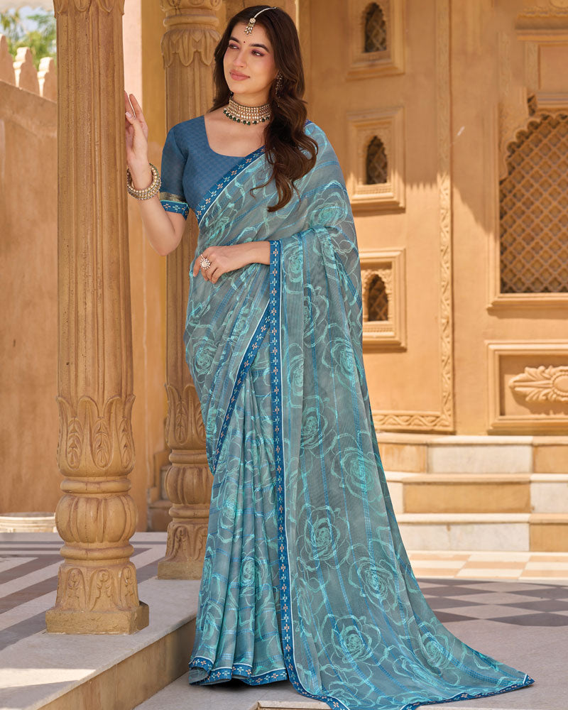 Vishal Prints Bluish Grey Printed Patterned Brasso Saree With Fancy Embroidery Border