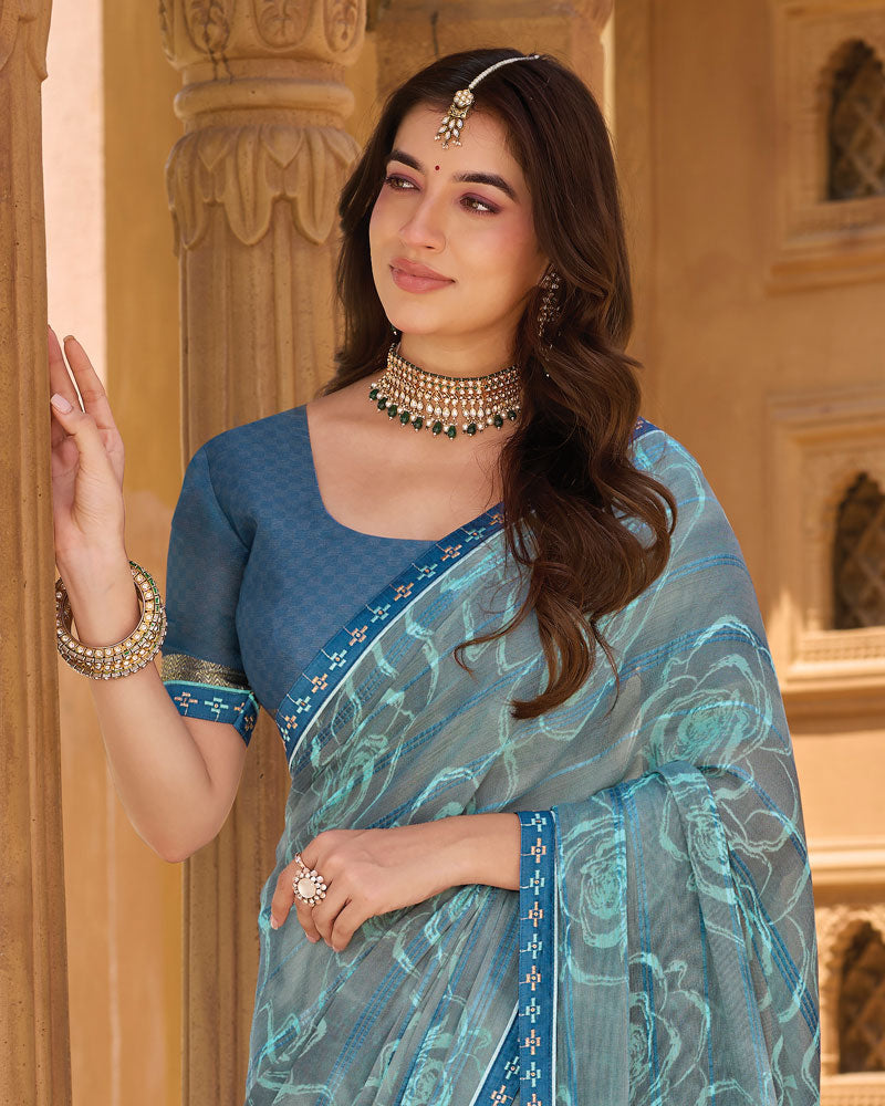 Vishal Prints Bluish Grey Printed Patterned Brasso Saree With Fancy Embroidery Border