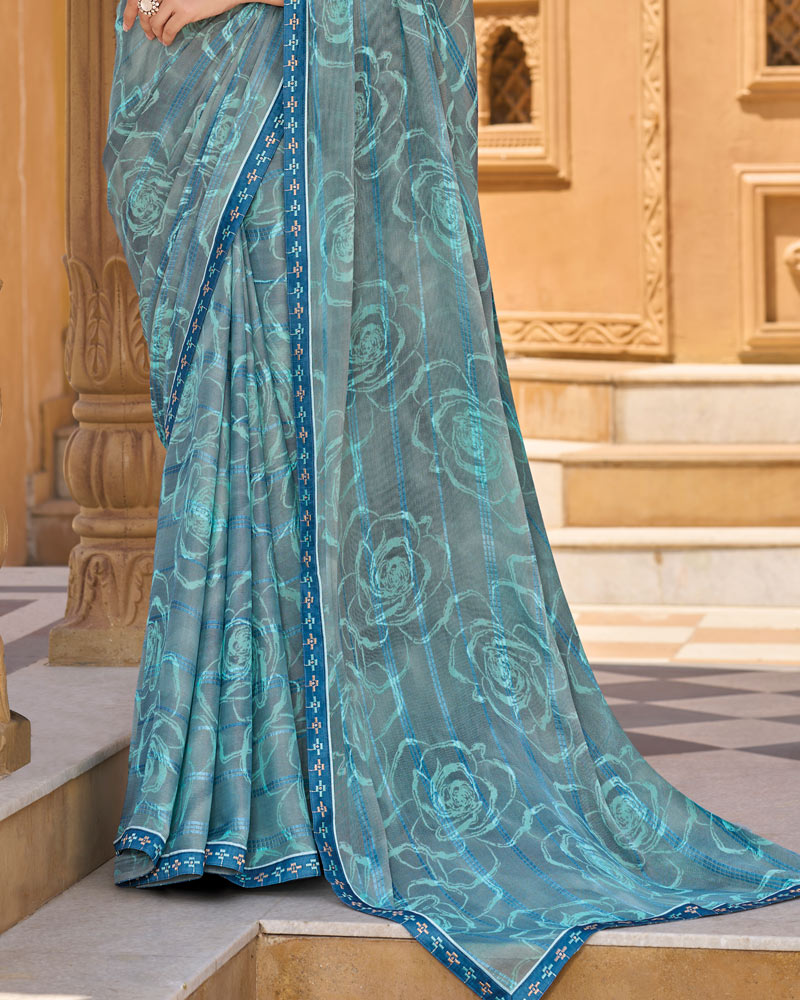 Vishal Prints Bluish Grey Printed Patterned Brasso Saree With Fancy Embroidery Border