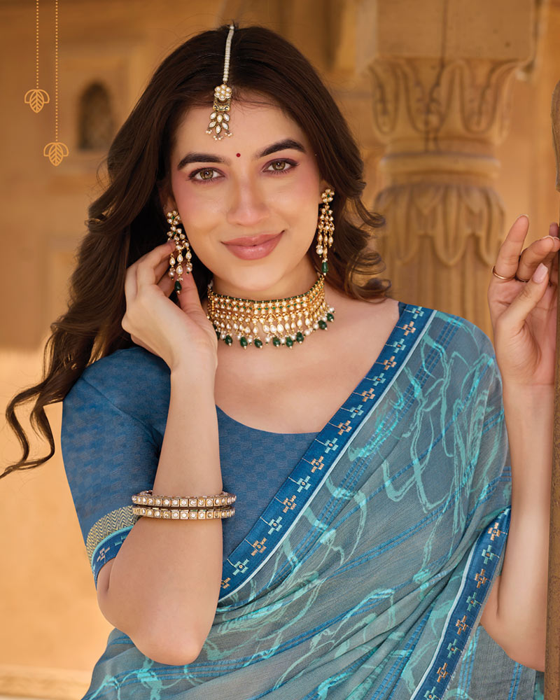 Vishal Prints Bluish Grey Printed Patterned Brasso Saree With Fancy Embroidery Border