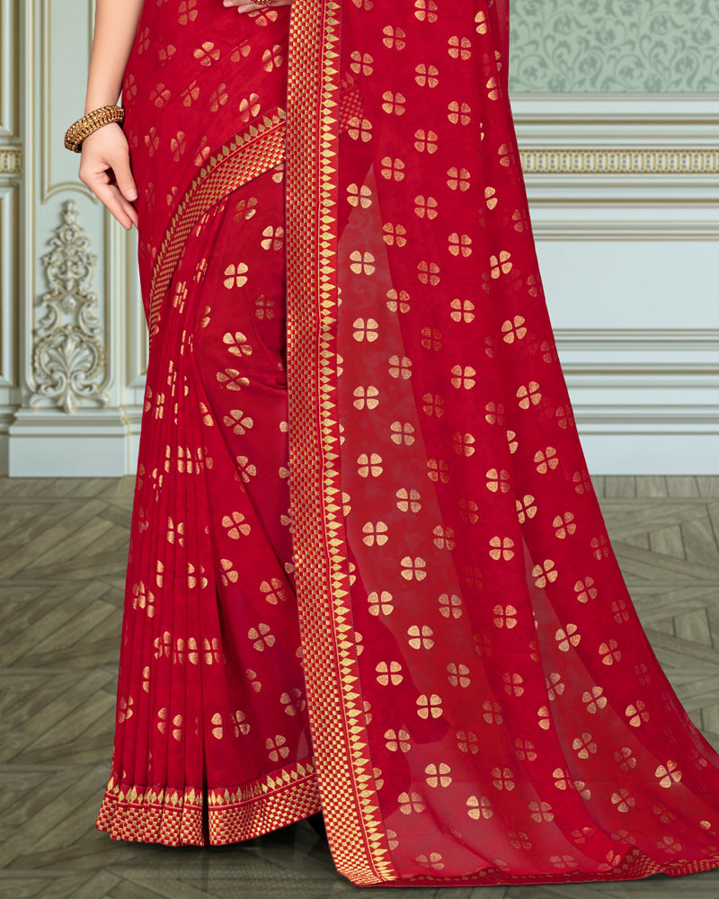Vishal Prints Cherry Red Georgette Saree With Foil Print And Zari Border