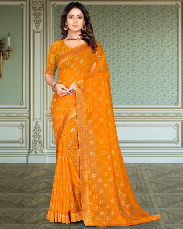 Vishal Prints Yellowish Orange Georgette Saree With Foil Print And Zari Border