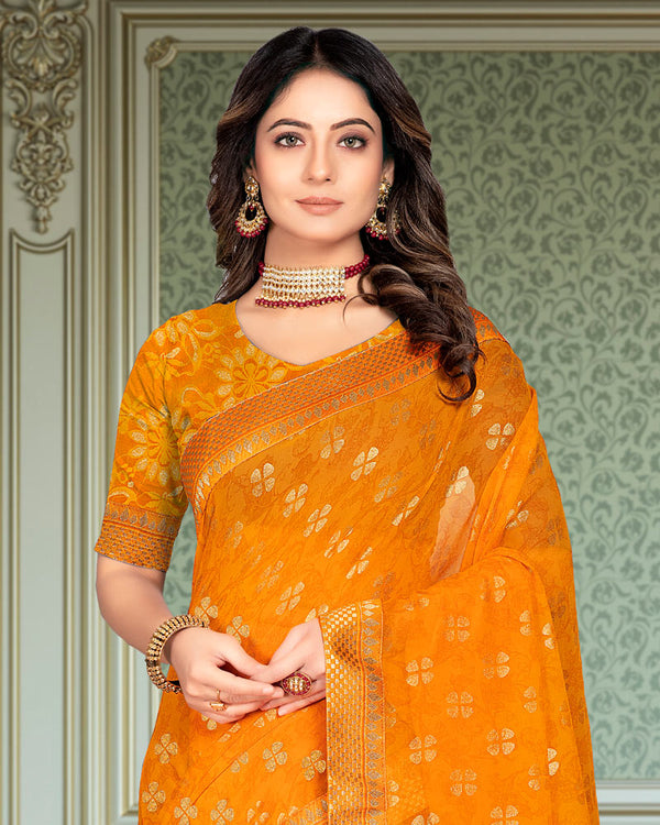 Vishal Prints Yellowish Orange Georgette Saree With Foil Print And Zari Border