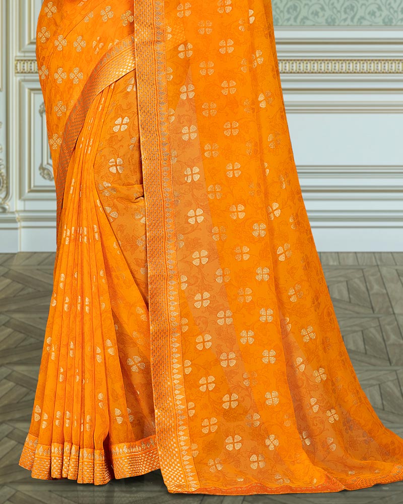 Vishal Prints Yellowish Orange Georgette Saree With Foil Print And Zari Border