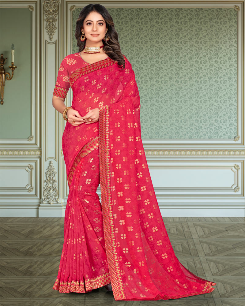 Vishal Prints Red Pink Georgette Saree With Foil Print And Zari Border