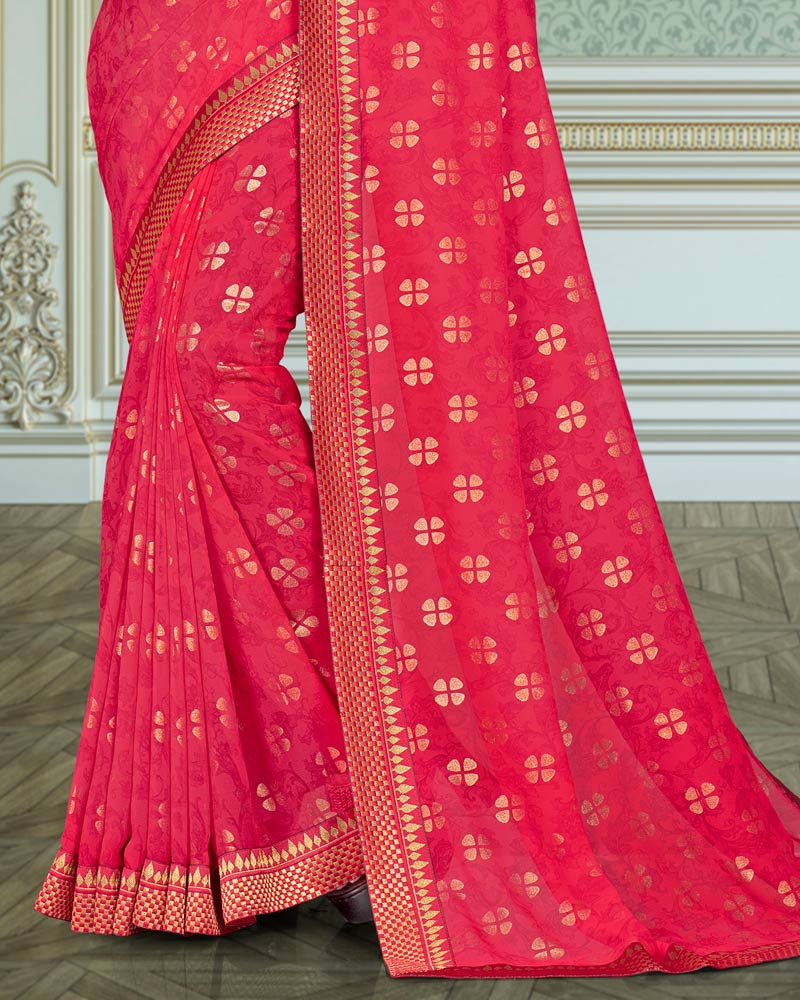 Vishal Prints Red Pink Georgette Saree With Foil Print And Zari Border
