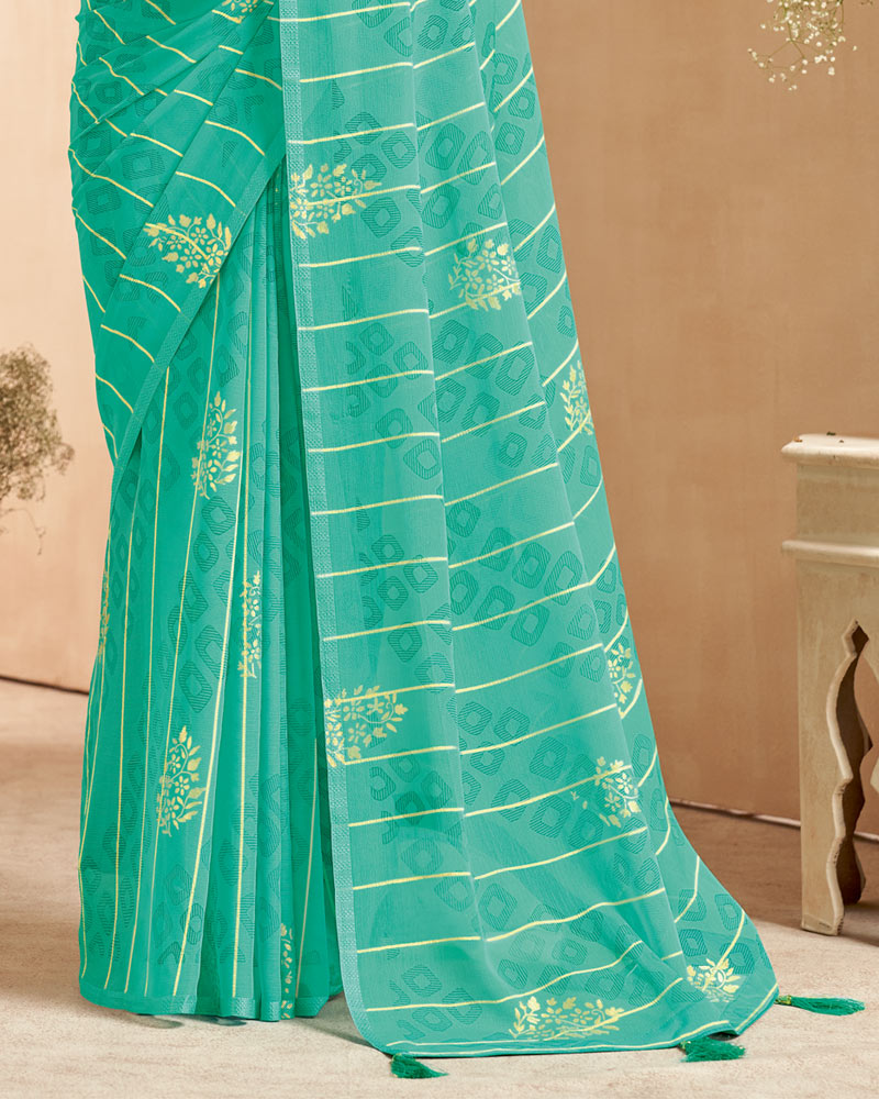 Vishal Prints Aqua Green Designer Patterned Chiffon Saree With Foil Print And Tassel