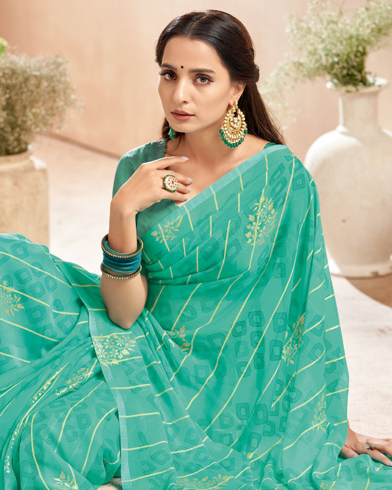 Vishal Prints Aqua Green Designer Patterned Chiffon Saree With Foil Print And Tassel