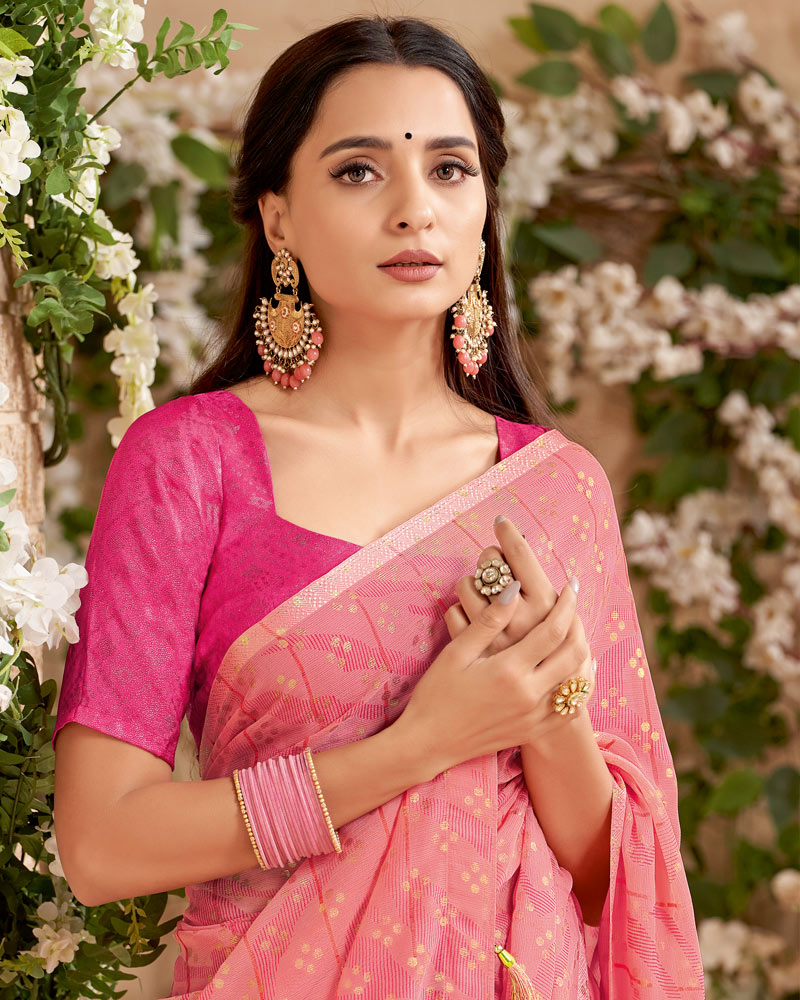 Vishal Prints Coral Pink Designer Patterned Chiffon Saree With Foil Print And Tassel