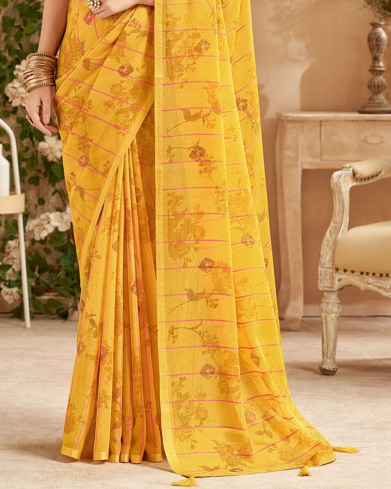 Vishal Prints Mustard Designer Patterned Chiffon Saree With Foil Print And Tassel